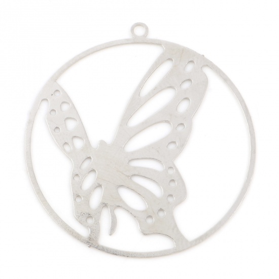 Picture of Iron Based Alloy Insect Pendants Silver Tone Round Butterfly 3.3cm x 3.1cm, 10 PCs