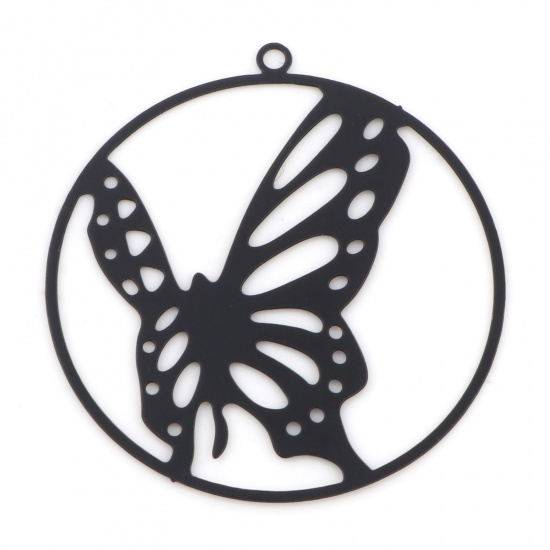 Picture of Iron Based Alloy Insect Pendants Black Round Butterfly Painted 3.3cm x 3.1cm, 10 PCs
