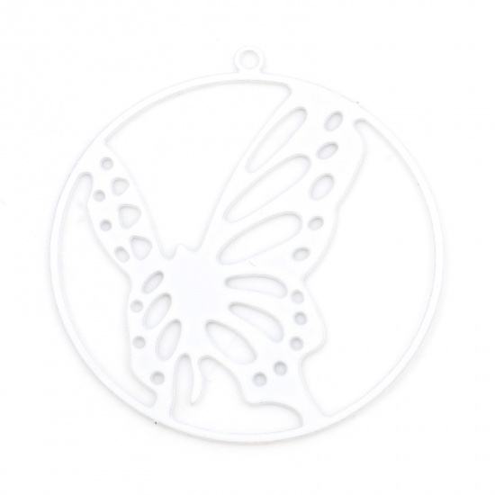 Picture of Iron Based Alloy Insect Pendants White Round Butterfly Painted 3.3cm x 3.1cm, 10 PCs