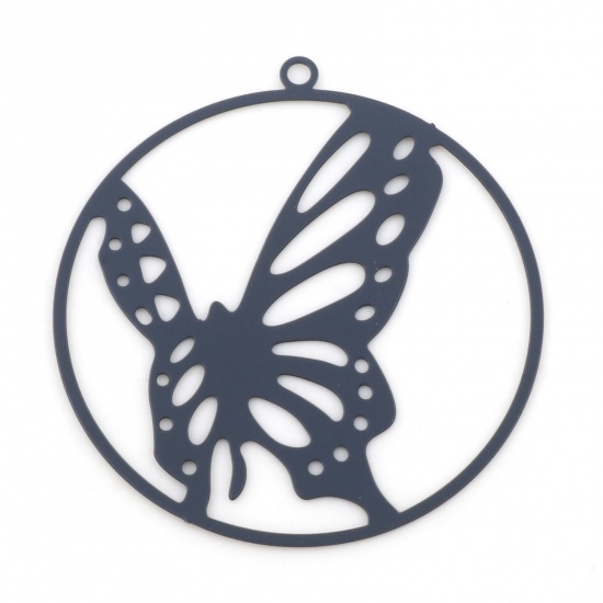 Picture of Iron Based Alloy Insect Pendants Dark Gray Round Butterfly Painted 3.3cm x 3.1cm, 10 PCs