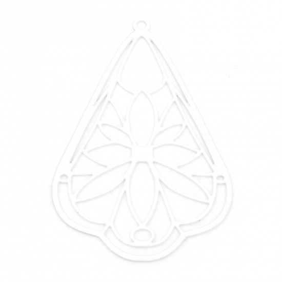 Picture of Iron Based Alloy Pendants White Drop Flower Painted 4.9cm x 3.2cm, 10 PCs