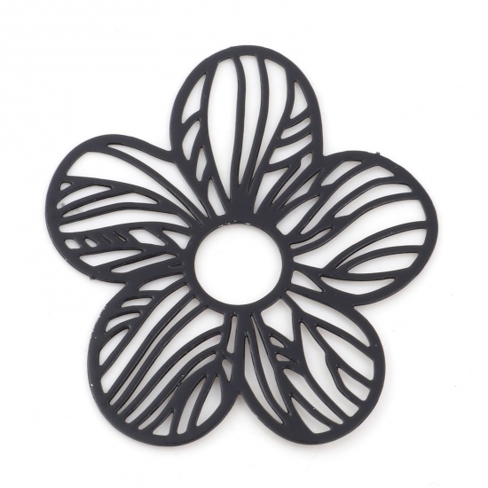 Picture of Iron Based Alloy Pendants Black Flower Painted 3.1cm x 2.7cm, 10 PCs