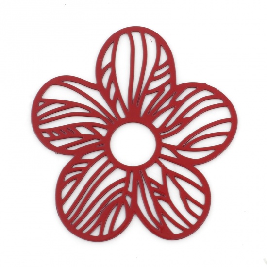 Picture of Iron Based Alloy Pendants Red Flower Painted 3.1cm x 2.7cm, 10 PCs