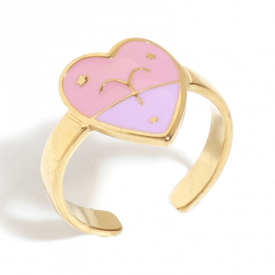 Bild von 1 Stück Vakuumbeschichtung 304 Edelstahl Valentinstag Offen Ring Vergoldet Rosa & Violett Herz Sternbild Widder Emaille 17.3mm（US Größe:7)