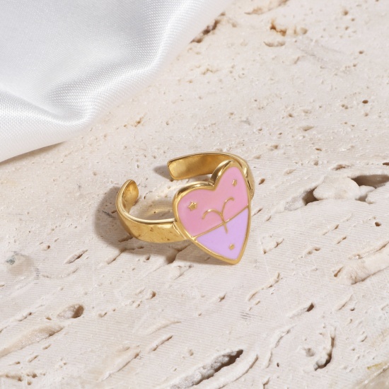 Bild von 1 Stück Vakuumbeschichtung 304 Edelstahl Valentinstag Offen Ring Vergoldet Rosa & Violett Herz Sternbild Widder Emaille 17.3mm（US Größe:7)