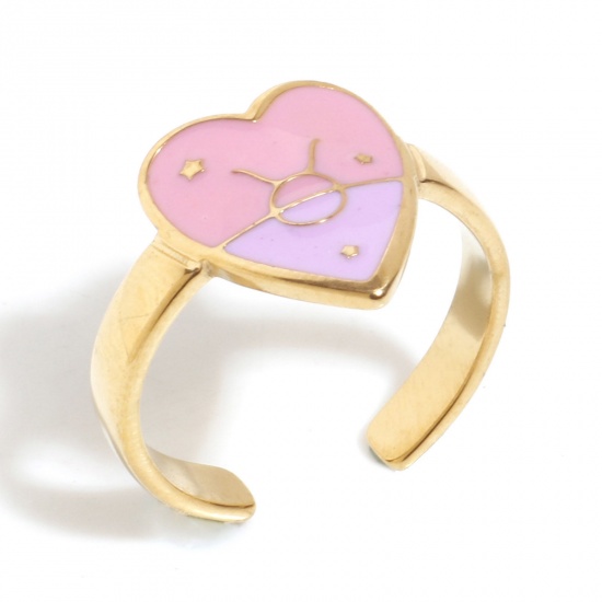 Bild von 1 Stück Vakuumbeschichtung 304 Edelstahl Valentinstag Offen Ring Vergoldet Rosa & Violett Herz Sternbild Stier Emaille 17.3mm（US Größe:7)