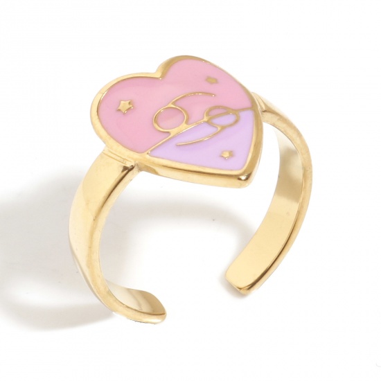 Bild von 1 Stück Vakuumbeschichtung 304 Edelstahl Valentinstag Offen Ring Vergoldet Rosa & Violett Herz Sternbild Krebs Emaille 17.3mm（US Größe:7)