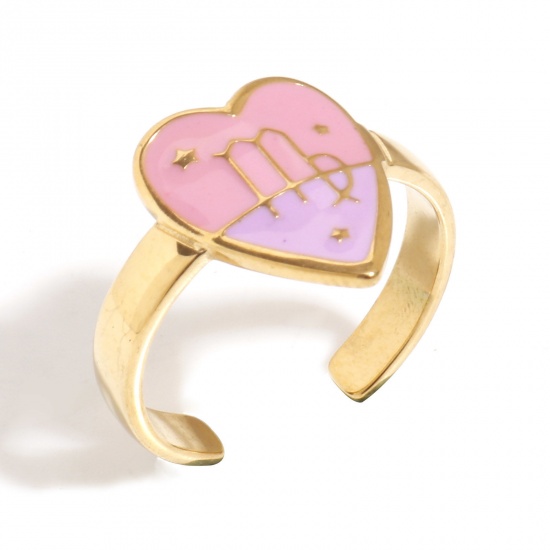 Bild von 1 Stück Vakuumbeschichtung 304 Edelstahl Valentinstag Offen Ring Vergoldet Rosa & Violett Herz Sternbild Jungfrau Emaille 17.3mm（US Größe:7)