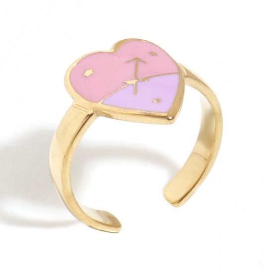 Bild von 1 Stück Vakuumbeschichtung 304 Edelstahl Valentinstag Offen Ring Vergoldet Rosa & Violett Herz Sternbild Schütze Emaille 17.3mm（US Größe:7)