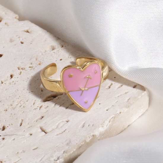 Bild von 1 Stück Vakuumbeschichtung 304 Edelstahl Valentinstag Offen Ring Vergoldet Rosa & Violett Herz Sternbild Schütze Emaille 17.3mm（US Größe:7)