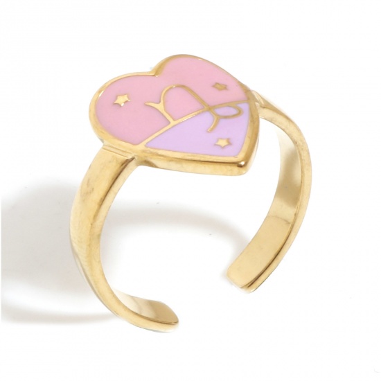 Bild von 1 Stück Vakuumbeschichtung 304 Edelstahl Valentinstag Offen Ring Vergoldet Rosa & Violett Herz Sternbild Steinbock Emaille 17.3mm（US Größe:7)