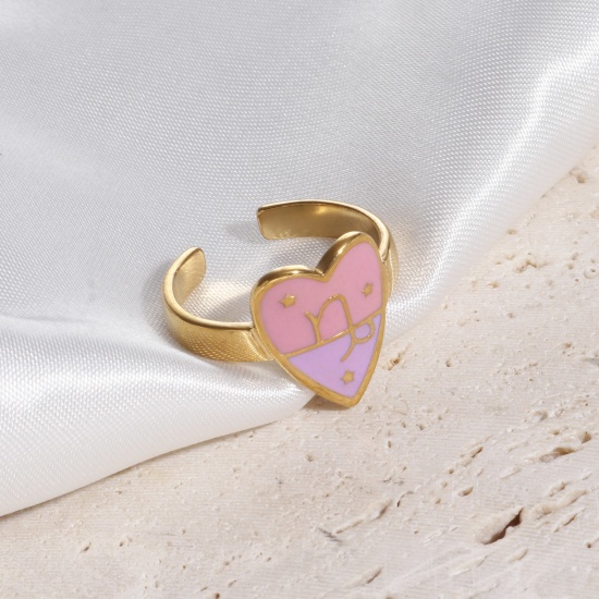 Bild von 1 Stück Vakuumbeschichtung 304 Edelstahl Valentinstag Offen Ring Vergoldet Rosa & Violett Herz Sternbild Steinbock Emaille 17.3mm（US Größe:7)