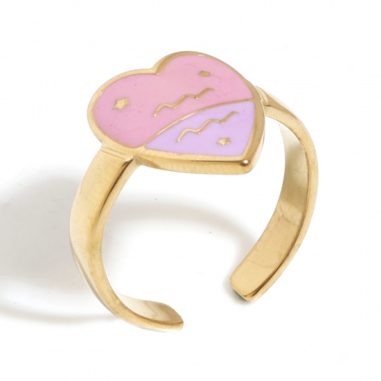 Bild von 1 Stück Vakuumbeschichtung 304 Edelstahl Valentinstag Offen Ring Vergoldet Rosa & Violett Herz Sternbild Wassermann Emaille 17.3mm（US Größe:7)