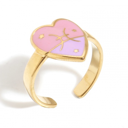 Picture of Wholesale Women's Gift Heart Pisces Sign Of Zodiac Constellations Pink & Purple Enamel Open Rings, Gold Plated 304 Stainless Steel, Vacuum Plating Valentine's Day Stylish Jewelry Supply, 17.3mm(US Size 7), 1 Piece