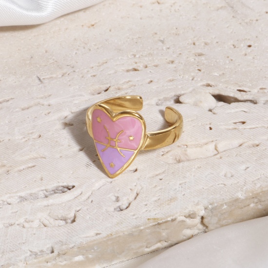 Bild von 1 Stück Vakuumbeschichtung 304 Edelstahl Valentinstag Offen Ring Vergoldet Rosa & Violett Herz Sternbild Fische Emaille 17.3mm（US Größe:7)
