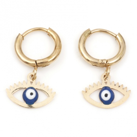 Picture of 1 Pair Vacuum Plating 304 Stainless Steel Religious Hoop Earrings Gold Plated White & Blue Eye Evil Eye Enamel 23mm x 12mm, Post/ Wire Size: (18 gauge)
