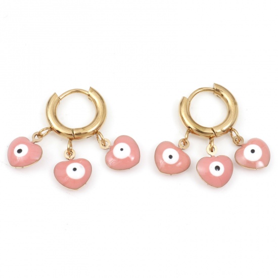 Picture of 1 Pair Vacuum Plating 304 Stainless Steel Religious Hoop Earrings Gold Plated White & Pink Heart Evil Eye Enamel 23mm x 21mm, Post/ Wire Size: (18 gauge)