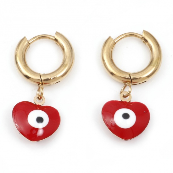 Picture of 1 Pair Vacuum Plating 304 Stainless Steel Religious Hoop Earrings Gold Plated White & Red Heart Evil Eye Enamel 25mm x 13mm, Post/ Wire Size: (18 gauge)