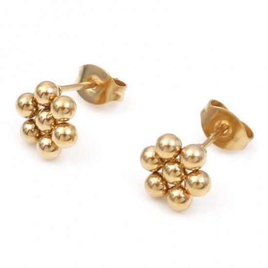 Picture of 304 Stainless Steel Ear Post Stud Earrings Gold Plated Flower 9mm x 8mm, Post/ Wire Size: (20 gauge), 1 Pair