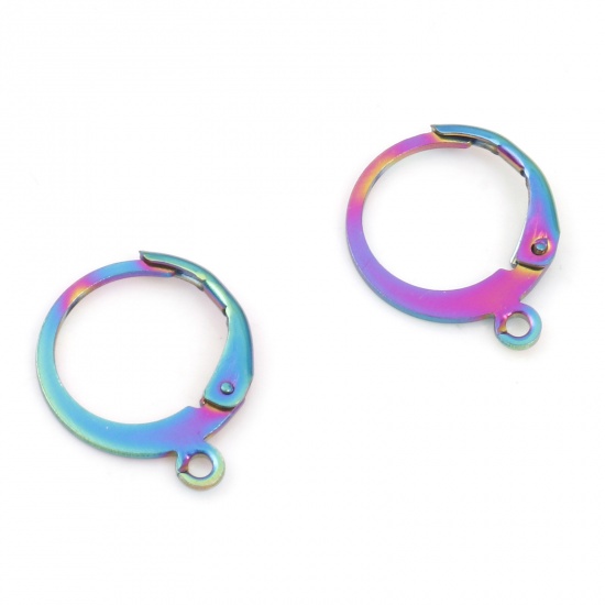 Picture of 304 Stainless Steel Lever Back Clips Earrings Round Rainbow Color Plated With Loop 15mm x 12mm, Post/ Wire Size: (21 gauge), 10 PCs