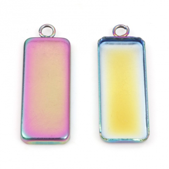 Picture of 304 Stainless Steel Pendants Rainbow Color Plated Rectangle Cabochon Settings (Fits 25mmx10mm) 3cm x 1.1cm, 10 PCs
