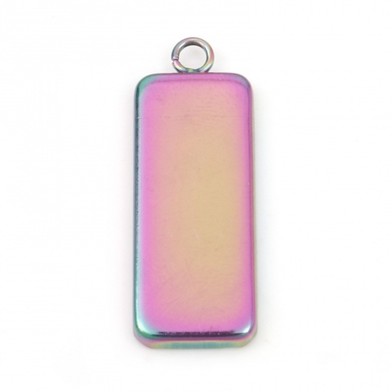Picture of 304 Stainless Steel Pendants Rainbow Color Plated Rectangle Cabochon Settings (Fits 25mmx10mm) 3cm x 1.1cm, 10 PCs