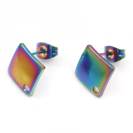 Picture of 304 Stainless Steel Ear Post Stud Earrings Rhombus Rainbow Color Plated With Loop 14mm x 14mm, Post/ Wire Size: (21 gauge), 10 PCs
