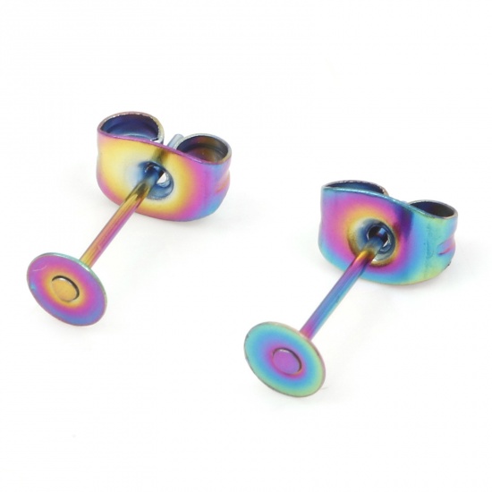 Picture of 304 Stainless Steel Ear Post Stud Earrings Disc Rainbow Color Plated Glue On (Fits 4mm Dia.) 4mm Dia., Post/ Wire Size: (21 gauge), 10 PCs