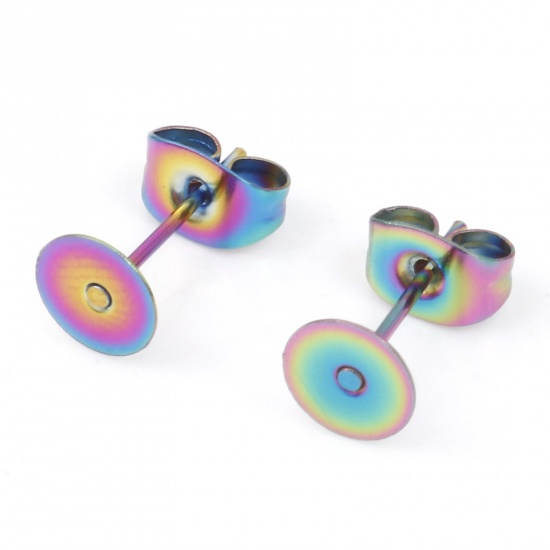 Picture of 304 Stainless Steel Ear Post Stud Earrings Disc Rainbow Color Plated Glue On (Fits 6mm Dia.) 6mm Dia., Post/ Wire Size: (21 gauge), 10 PCs