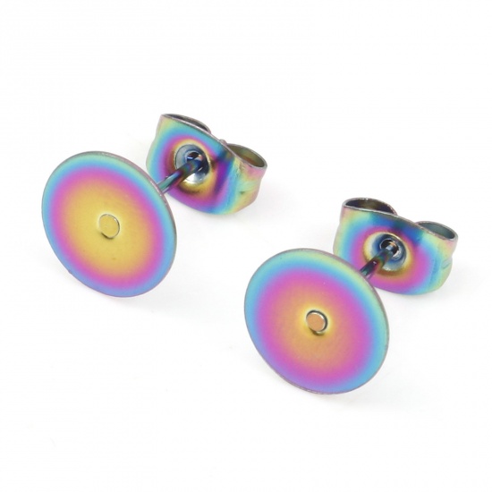 Picture of 304 Stainless Steel Ear Post Stud Earrings Disc Rainbow Color Plated Glue On (Fits 8mm Dia.) 8mm Dia., Post/ Wire Size: (21 gauge), 10 PCs