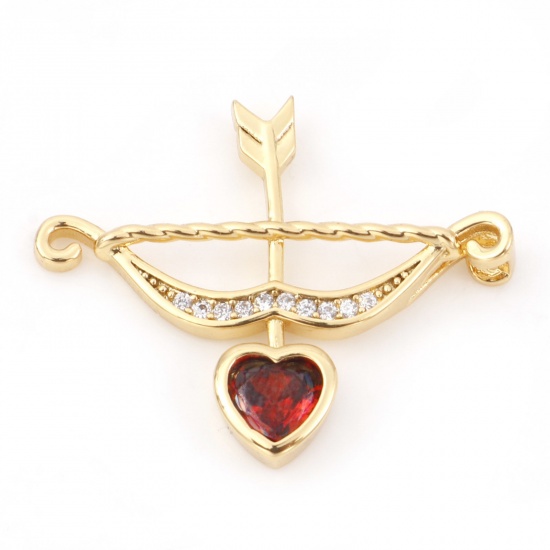 Picture of Copper Valentine's Day Charms 18K Real Gold Plated Bow And Arrow Heart Micro Pave Clear & Red Rhinestone 25.5mm x 21mm, 1 Piece