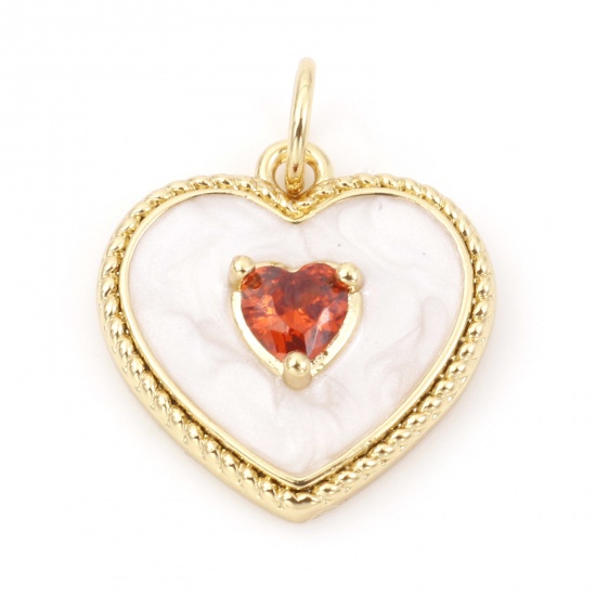 Picture of Copper Valentine's Day Charms 18K Real Gold Plated Heart Micro Pave Clear & Red Rhinestone 18mm x 15mm, 1 Piece