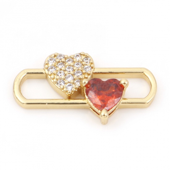 Picture of Copper Valentine's Day Charms 18K Real Gold Plated Paper Clip Heart Micro Pave Clear & Red Rhinestone 20mm x 11mm, 1 Piece