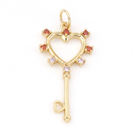 Picture of Copper Valentine's Day Charms 18K Real Gold Plated Key Heart Micro Pave Light Pink Rhinestone 3.2cm x 1.4cm, 1 Piece