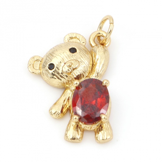 Picture of Copper Charms 18K Real Gold Plated Bear Animal Micro Pave Red Rhinestone 24mm x 14mm, 1 Piece