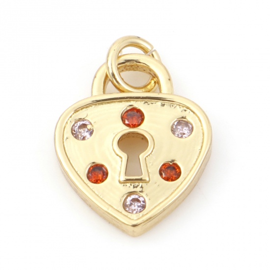 Picture of Copper Valentine's Day Charms 18K Real Gold Plated Lock Heart Micro Pave Red Rhinestone 14mm x 10mm, 1 Piece