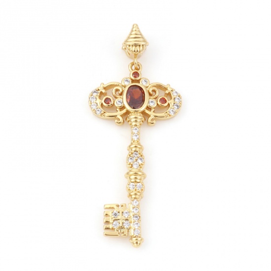 Picture of Brass Pendants 18K Real Gold Plated Key Micro Pave Clear & Red Rhinestone 3.6cm x 1.4cm, 1 Piece