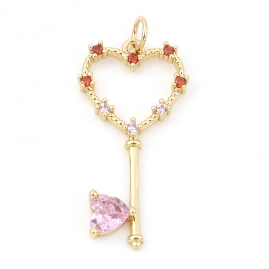 Picture of Brass Valentine's Day Pendants 18K Real Gold Plated Key Heart Micro Pave Light Pink Rhinestone 3.3cm x 1.5cm, 1 Piece