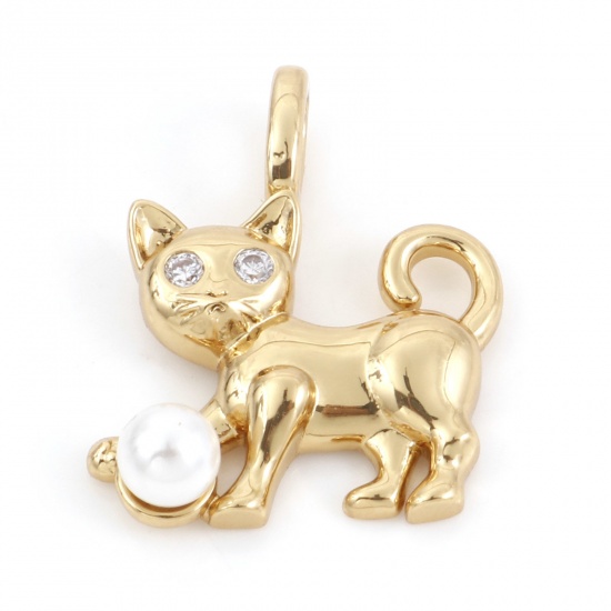 Picture of Brass Charms 18K Real Gold Plated Cat Animal Micro Pave Clear Rhinestone 20mm x 15mm, 1 Piece                                                                                                                                                                 