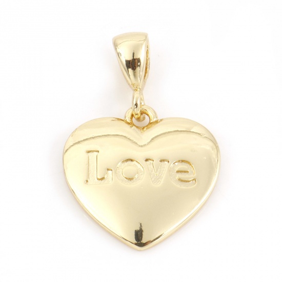 Picture of Brass Valentine's Day Charms 18K Real Gold Plated Heart Message " LOVE " Micro Pave 26mm x 17mm, 1 Piece                                                                                                                                                      