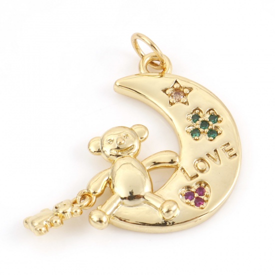 Picture of Brass Galaxy Charms 18K Real Gold Plated Half Moon Bear Micro Pave Multicolor Rhinestone 28mm x 18mm, 1 Piece                                                                                                                                                 