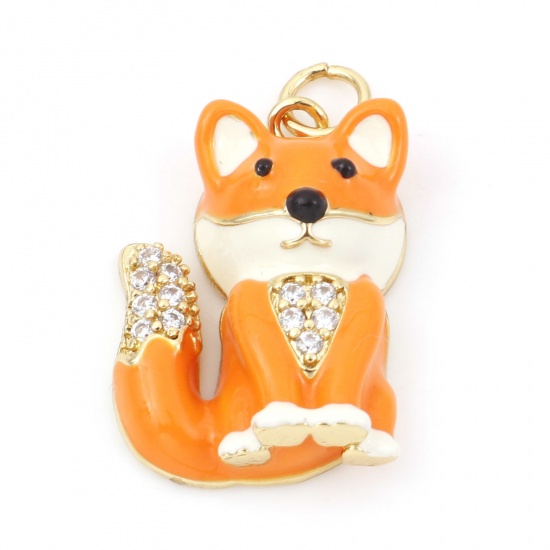 Picture of Brass Charms 18K Real Gold Plated Fox Animal Micro Pave Clear Rhinestone 24mm x 15mm, 1 Piece                                                                                                                                                                 
