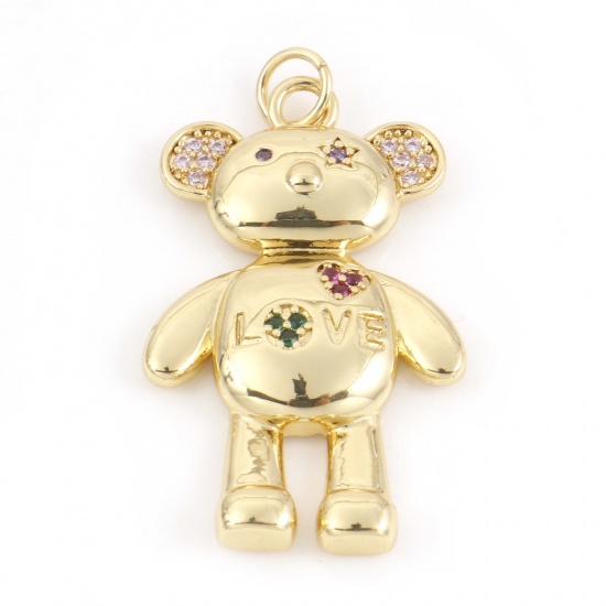 Picture of Brass Pendants 18K Real Gold Plated Bear Animal Micro Pave Multicolor Rhinestone 3.4cm x 1.8cm, 1 Piece                                                                                                                                                       