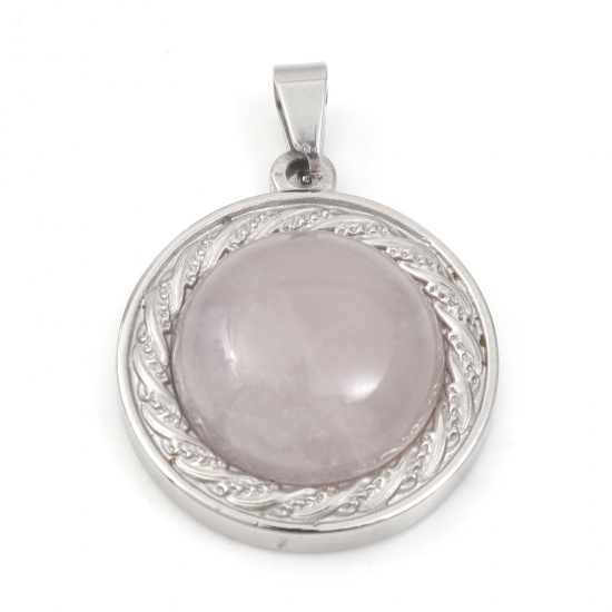 Picture of 304 Stainless Steel & Rose Quartz Charms Silver Tone Light Pink Round 30mm x 21.5mm, 1 Piece