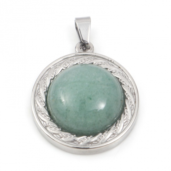 Picture of 304 Stainless Steel & Aventurine Charms Silver Tone Green Round 30mm x 21.5mm, 1 Piece