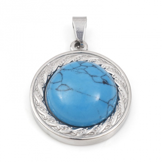 Picture of 304 Stainless Steel & Turquoise Charms Silver Tone Blue Round 30mm x 21.5mm, 1 Piece