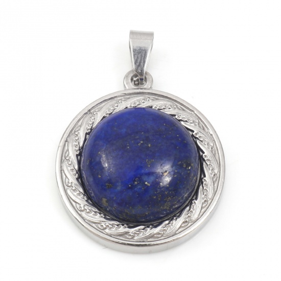 Picture of 304 Stainless Steel & Lapis Lazuli Charms Silver Tone Dark Blue Round 30mm x 21.5mm, 1 Piece
