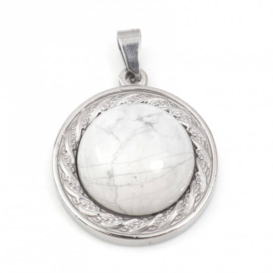 Picture of 304 Stainless Steel & Howlite Charms Silver Tone White Round 30mm x 21.5mm, 1 Piece