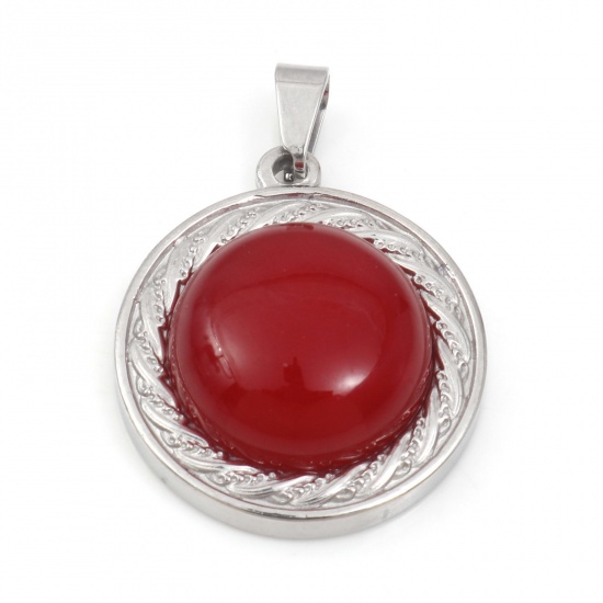 Picture of 304 Stainless Steel & Carnelian Charms Silver Tone Red Round 30mm x 21.5mm, 1 Piece