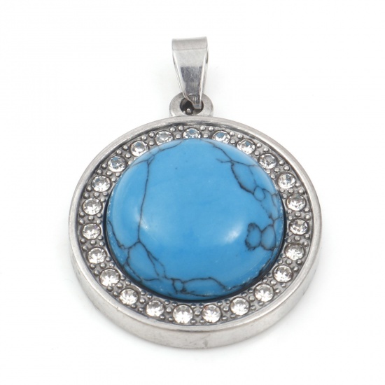 Picture of 304 Stainless Steel & Turquoise Charms Silver Tone Blue Round Clear Rhinestone 30mm x 21.5mm, 1 Piece